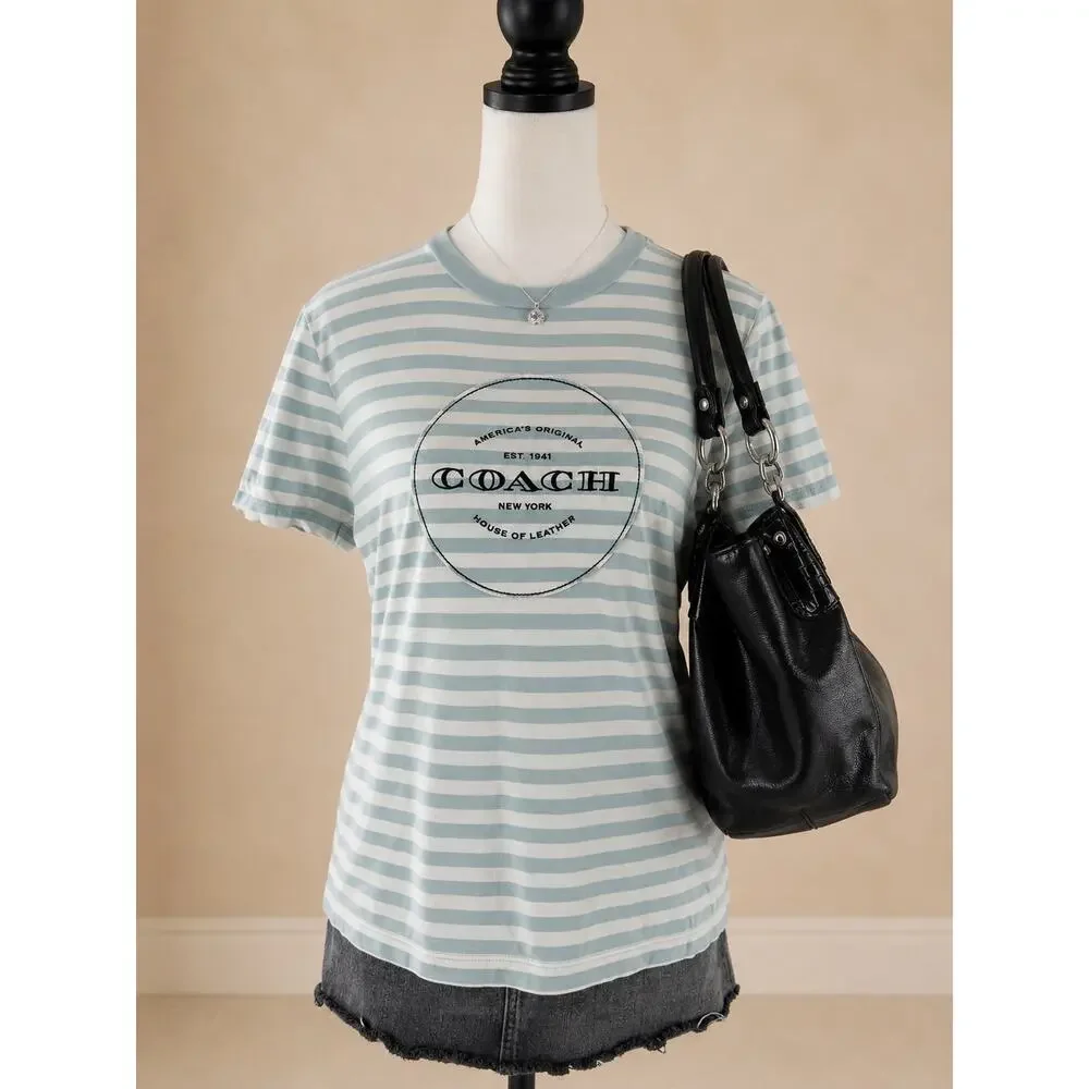 Coach Women’s Small Blue White Striped Logo T-Shirt 100% Cotton Y2K